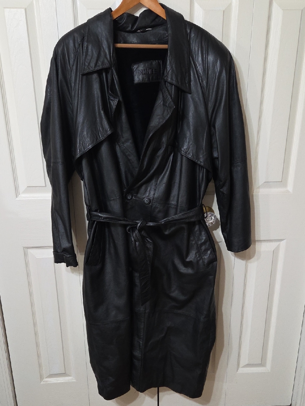 Montee Men's Black Leather Trench Coat with Belt